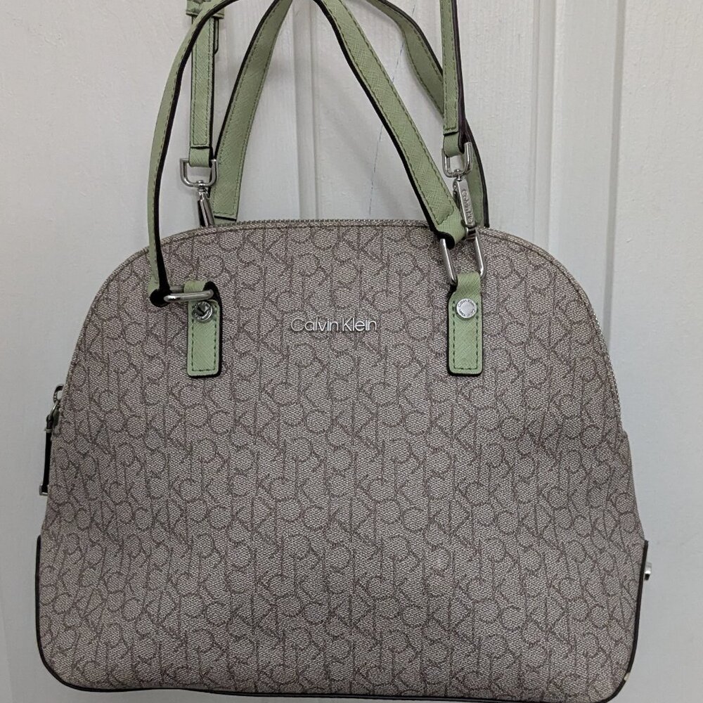 Calvin Klein Women's Round Satchel /Shoulder Handbag Logo Pouch Beige / Green